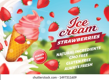 Realistic Advertising Banner Offering Strawberry Ice Cream in Cone. Natural Design with Milk Splash and Whole Flying Berries. Fresh Organic Product GMO and Gluten Free. Vector 3d Illustration