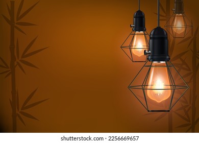 Realistic advertising banner vector template. Vintage incandescent lamps with heated filament in black metal trellis cage hanging from above illustration on bamboo shade background