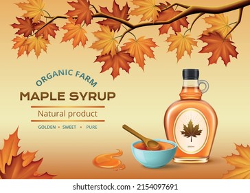 Realistic advertising composition with organic maple syrup bottle on color background with golden leaves vector illustration