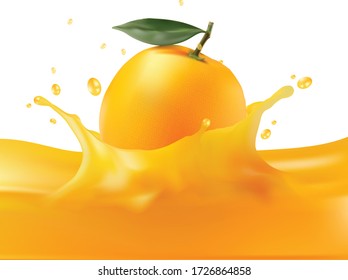 Realistic advertising of orange juice, an Orange in a splash of juice among the splashes. Vector EPS