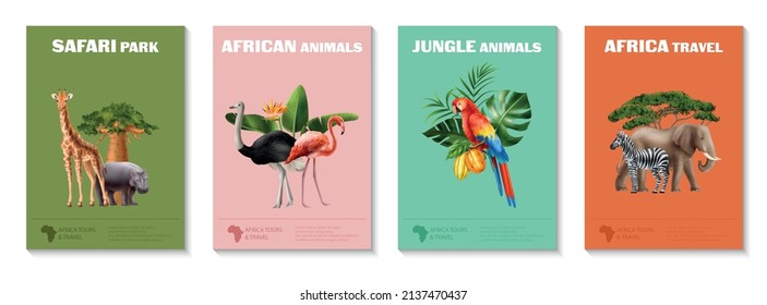 Realistic africa animals poster set with four vertical compositions of editable text flora and fauna images vector illustration