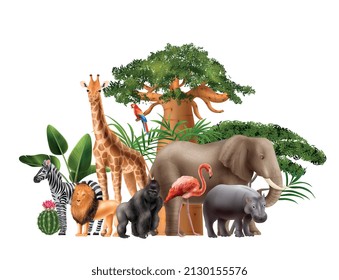 Realistic africa composition with isolated view of giant trees and tropical plants with exotic wild animals vector illustration