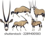 realistic african desert wild beast oryx gazelle animal illustration set