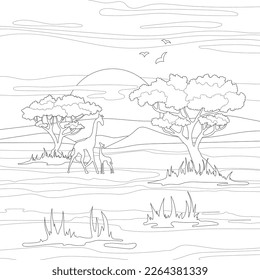 Paisaje africano realista con jirafas en la plantilla de bosquejo gráfico savannah. Ilustración vectorial de dibujos animados para niños en blanco y negro para juegos, fondo, patrón, decoración. Papel colorante, página