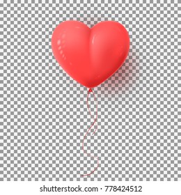 Realistic Air Balloon Isolated on Transparent Backdrop. Red Symbol of Valentine's Day in the Form of Heart. Vector Illustration.