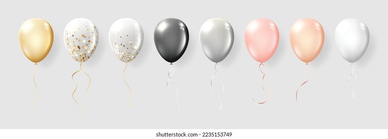 Realistic air balloons set. Colorful pearl balloon inflatable with ribbons flying over gray background. Birthday surprise and holiday decoration concept. 3d vector illustration