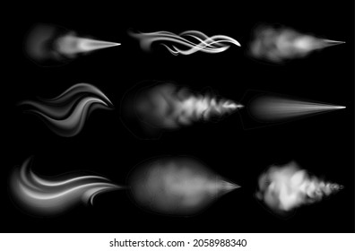 Realistic air blow. Wind flow and dust spray effect. Curve shapes of steam blast. Fog and smoke haze. White vapor or gas. Puff sprayer trails. Vector transparent fume templates set