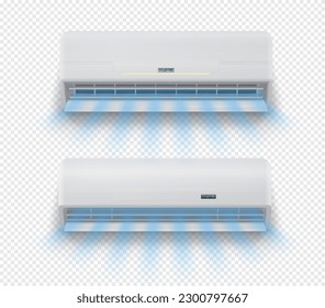 Realistic air conditioner. House cooling and heating, office conditioning split system, air purifying and ventilation technology, isolated 3d vector conditioner unit with cold breeze flow