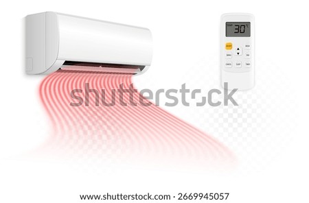 Realistic Air Conditioner with Red Warm Airflow and Remote Control.