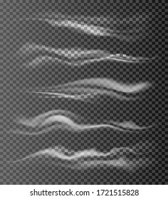 Realistic air flow waves. Wind effects, abstract gas or perfume spread streams, vector magic smoke or fog flames isolated on transparent background