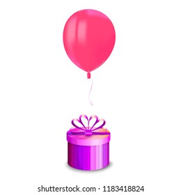 Realistic air flying pink balloon with reflects and a gift box isolated on white background. Festive decor element for any holiday. Vector illustration