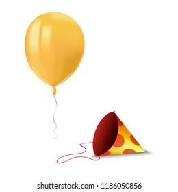 Realistic air flying yellow balloon with reflects and paper hood isolated on white background. Festive decor element for any holiday. Vector illustration