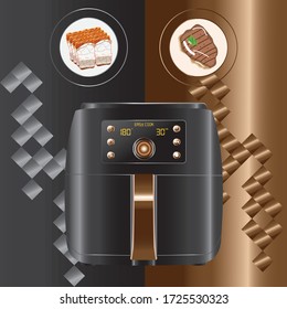 Realistic air fryers with 
fried foods. It's a smart kitchen appliance that cooks by circulating hot air.