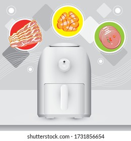 Realistic air fryers with 
fried foods. It's a smart kitchen appliance that cooks by circulating hot air.