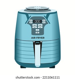 Realistic Air Fryers Vector In Blue. It's A Smart Kitchen Appliance That Cooks By Circulating Hot Air. In Trendy Flat Cartoon Design Style, Isolated On White Background. Suitable For Many Purposes.