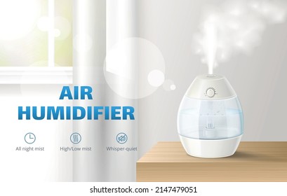 Realistic air humidifier ad poster with working device on table vector illustration