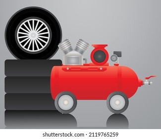 Realistic air pump and tire vector illustration