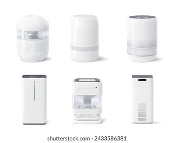 Realistic air purifier. Isolated 3d vector set of devices that removing contaminants like dust, allergens, and pollutants, improving indoor air quality for a healthier and fresher living environment.