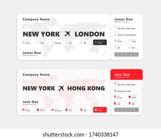 Realistisches Flugticket mit Passagiername isoliert auf weißem Hintergrund. Konzeption der Bordkarte. Vektor-Abbildung