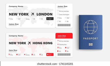 Realistic air ticket with passenger name isolated on white background. Concept design of boarding pass ticket. Vector illustration