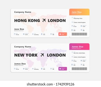 Realistic air ticket with passenger name isolated on white background. Concept design of boarding pass ticket. Vector illustration