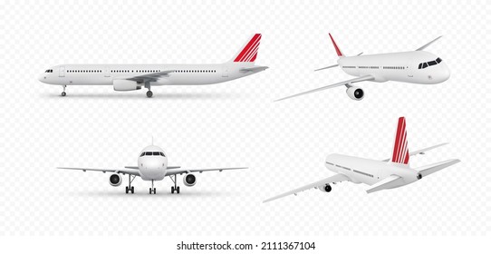 Realistic aircraft. Passenger airplane in different views. 3d detailed passenger air plane isolated on transparent background. Vector illustration