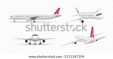 Realistic aircraft. Passenger airplane in different views. 3d detailed passenger air plane isolated on transparent background. Vector illustration