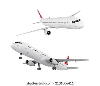 Realistic aircraft. Passenger plane in different views. Vector 3D model of an airplane isolated on white background.