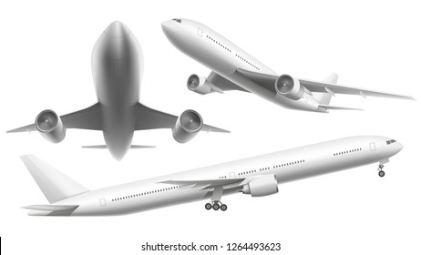 Realistic aircraft. Passenger plane, sky flying aeroplane and airplane in different views. 3d planes transport or landing airliner aerial isolated icons vector illustration