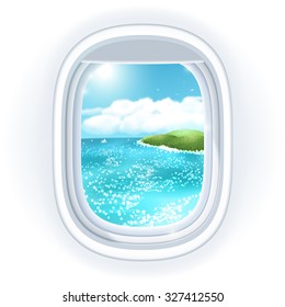 Realistic aircraft porthole (window) with bright sea or ocean in it and tropical island, view through travelling over the sea. Vector illustration, isolated on white.