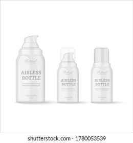 Realistic airless cosmetic cream bottles on white background. Cosmetic cream containers and tubes for cream, shampoo, gel, balsam, conditioner. 3d Vector Illustration