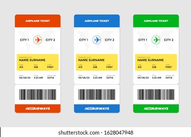 Realistic airline flight ticket boarding pass design template set with first class passenger name and barcode. Booking air travel by airplane vertical document vector illustration