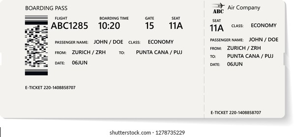 Realistic airline ticket or boarding pass design with unreal flight time and passenger name. Vector illustration of pattern of a boarding pass