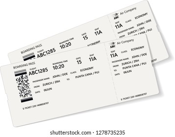 Realistic airline ticket or boarding pass design with unreal flight time and passenger name. Vector illustration of pattern of a boarding pass