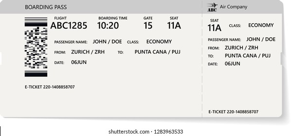 Realistic airline ticket or boarding pass design with unreal flight time and passenger name. Vector illustration of pattern of a boarding pass