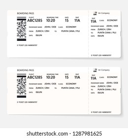 Realistic airline ticket or boarding pass design with unreal flight time and passenger name. Vector illustration of pattern of a boarding pass