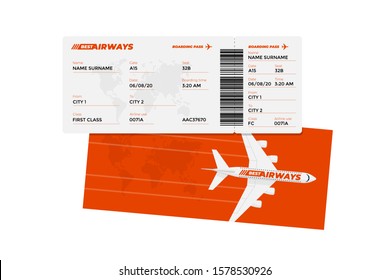 Realistic airline ticket boarding pass design template with passenger name and barcode. Air travel by airplane red color document vector illustration