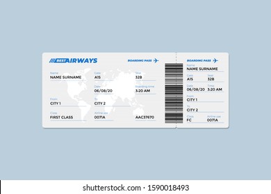 Realistic airline ticket boarding pass design template with first class passenger name and barcode. Air travel by airplane document vector illustration