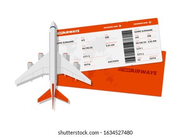 Realistic airline ticket boarding pass with airplane. Air travel by aircraft plane red color document vector illustration