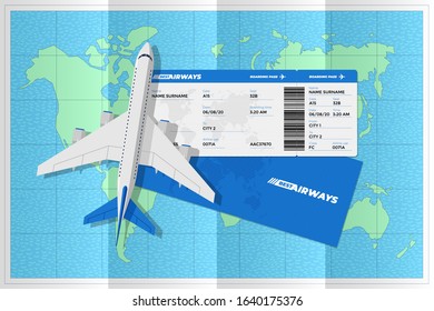 Realistic airline ticket boarding pass with airplane on folded world map. Air travel by aircraft or plane concept. Color document vector illustration