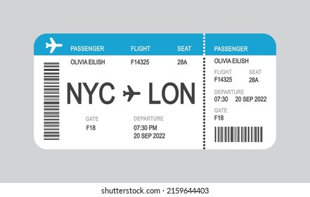 Realistic airline ticket design with flight time and passenger name, vector, illustration.