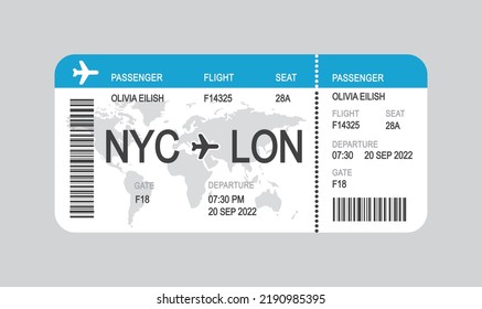 Realistisches Flugticket-Design mit Flugzeit und Passagiername, Vektorgrafik, Illustration.