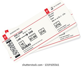 Realistic airline ticket design with not real passenger name. Variant of boarding pass pattern. Vector illustration