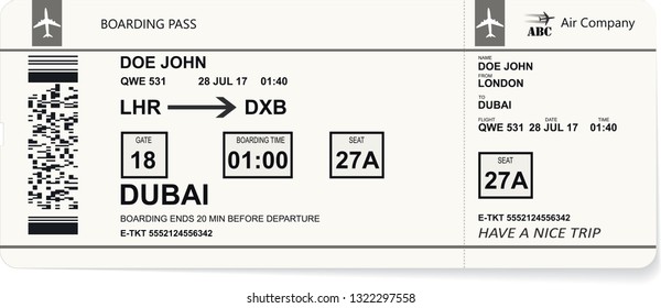 Realistic airline ticket design with not real passenger name. Variant of boarding pass pattern. Vector illustration