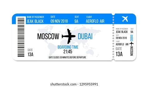 Realistic airline ticket design with passenger name. Vector illustration