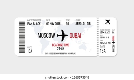 Realistic airline ticket design with passenger name. Vector illustration