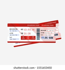 Realistic airline ticket design with passenger name. Isolated on white. Vector illustration