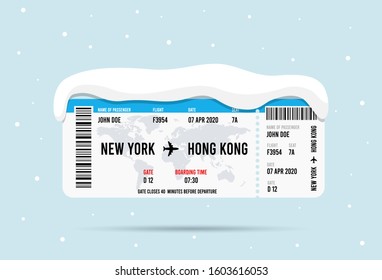 Realistic airline ticket design with passenger name under snow caps. Abstract season holiday traveling vector illustration