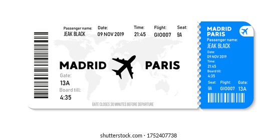 Realistisches Flugticket-Design mit Passagiernamen. Vektorgrafik