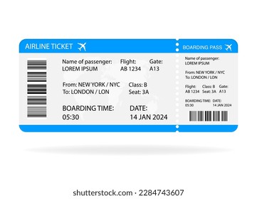 Realistic airline ticket design with passenger name. Vector illustration. 
